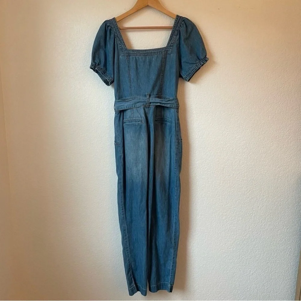 Anthro Pilcro Puff Sleeves Denim Jumpsuit women’s size 6